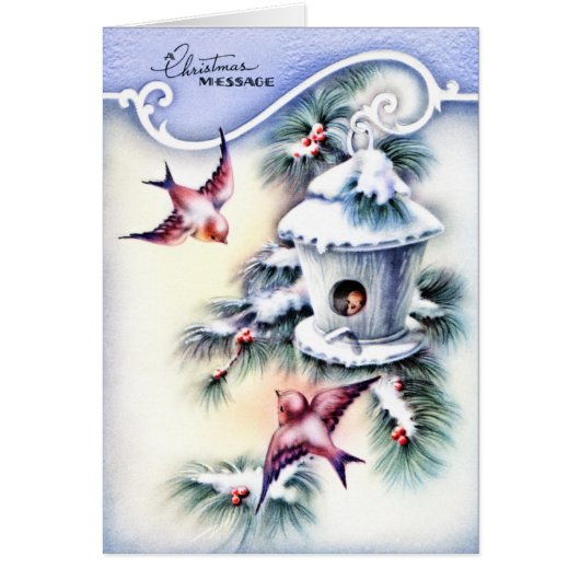 Vintage Christmas Message Birds Blue Birdhouse (Front)