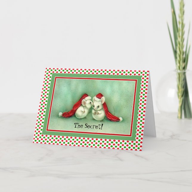 Vintage Christmas Mice in Red Santa's Hat Card (Front)