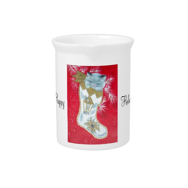 Vintage Christmas Mid Century Pastel Kitten Drink Pitcher (Front)