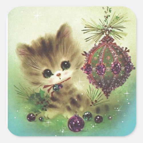 Vintage Christmas Mid Century Pastel Kitten Square Sticker