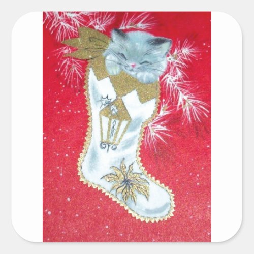 Vintage Christmas Mid Century Pastel Kitten Square Sticker