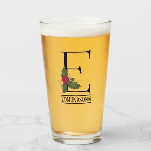 Vintage Christmas Monogram E Personalized Beer Glass