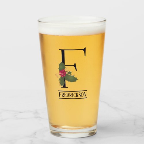 Vintage Christmas Monogram F Personalized Beer Glass