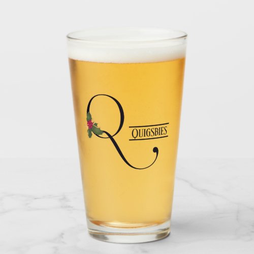 Vintage Christmas Monogram Q Personalized Beer Glass
