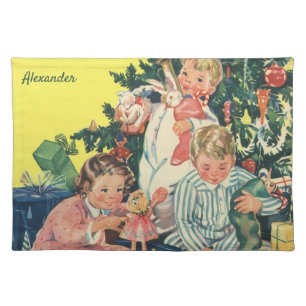 Vintage Christmas Morning, Children Opening Gifts Cloth Placemat