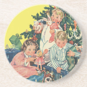 Vintage Christmas Morning, Children Opening Gifts Drink Coaster