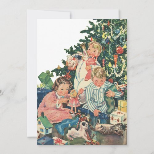 Vintage Christmas Morning Children Opening Gifts Holiday Card