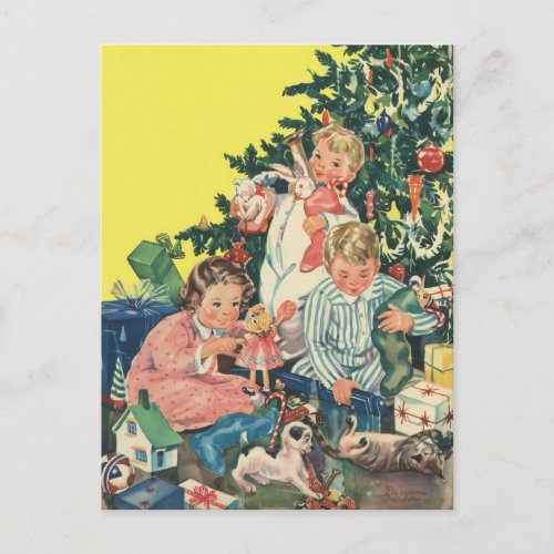 Vintage Christmas Morning Children Opening Gifts Holiday Postcard