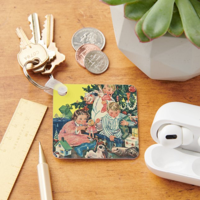 Vintage Christmas Morning, Children Opening Gifts Keychain (Desk)