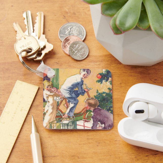 Vintage Christmas Morning, Children with Presents Keychain (Desk)