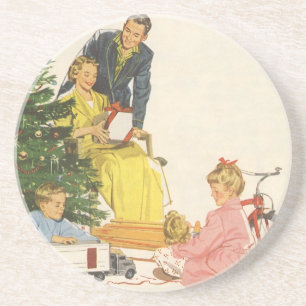 Vintage Christmas Morning, Family Opening Presents Drink Coaster