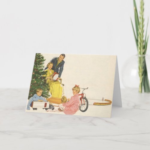 Vintage Christmas Morning Family Opening Presents Holiday Card
