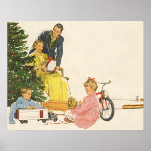 Vintage Christmas Morning, Family Opening Presents Poster