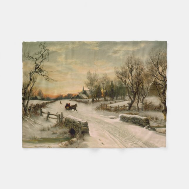 Vintage Christmas Morning Sleigh Ride Fleece Blanket (Front (Horizontal))