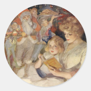 Vintage Christmas, Mother Reading Bedtime Story Classic Round Sticker