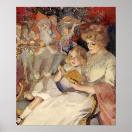 Vintage Christmas Mother Reading Bedtime Story Poster
