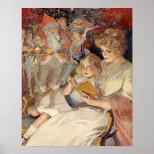Vintage Christmas Mother Reading Bedtime Story Poster