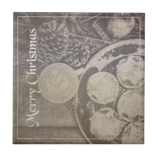 Vintage Christmas Motif with Cookies and Coffee Ceramic Tile