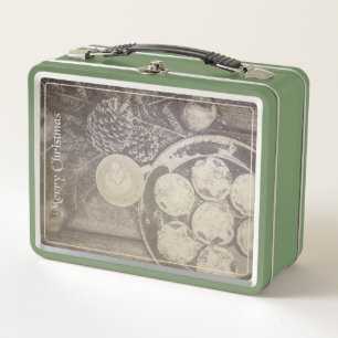 Vintage Christmas Motif with Cookies and Coffee Metal Lunch Box