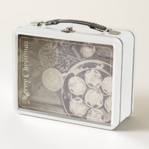 Vintage Christmas Motif with Cookies and Coffee Metal Lunch Box