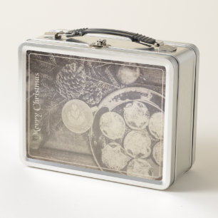 Vintage Christmas Motif with Cookies and Coffee Metal Lunch Box