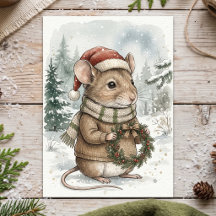 Vintage Christmas Mouse Holiday Woodland Forest
