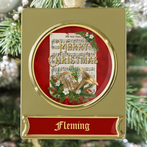 Vintage Christmas Music French Horn Personalized Gold Plated Banner Ornament