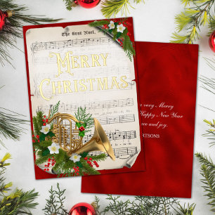 Vintage Christmas Music French Horn Red Gold Foil Holiday Card