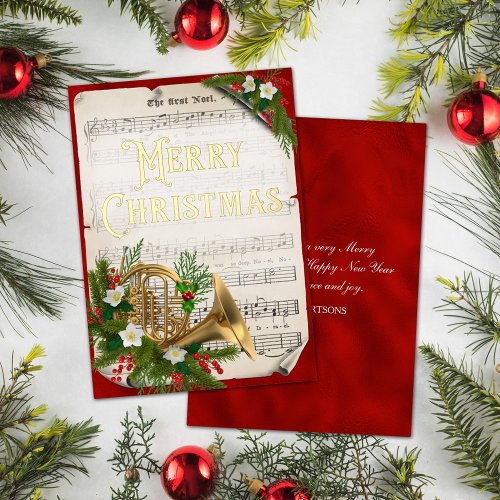 Vintage Christmas Music French Horn Red Gold Foil Holiday Card