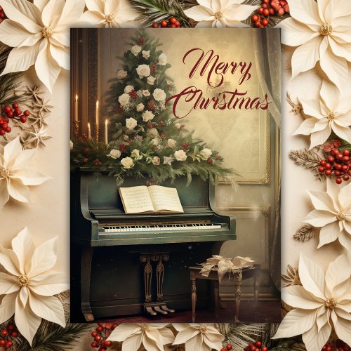 Vintage Christmas Music Grand Piano Greenery Holiday Card