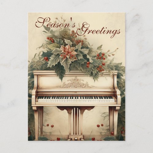 Vintage Christmas Music Grand Piano Greenery Holiday Postcard