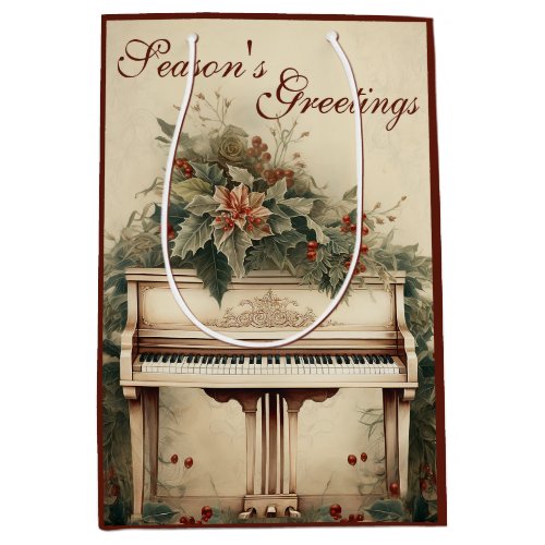 Vintage Christmas Music Grand Piano Greenery Medium Gift Bag