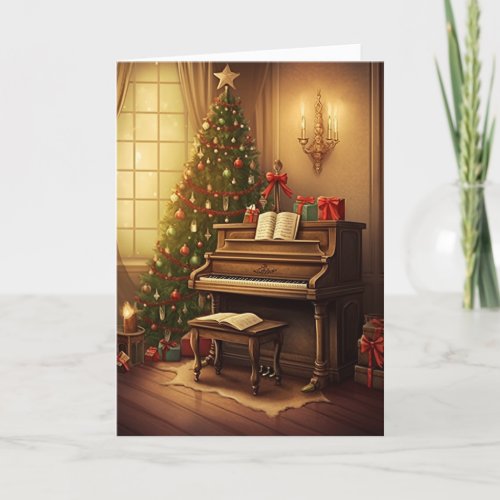Vintage Christmas Music Grand Piano Painting Holiday Card