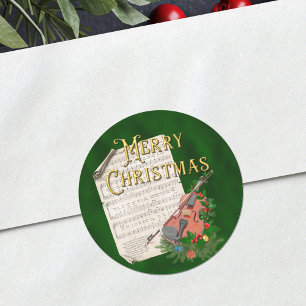 Vintage Christmas Music Violin Green Classic Round Sticker
