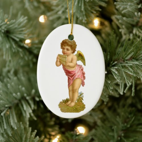 Vintage Christmas Musician Angel with Pan Pipes Ceramic Ornament