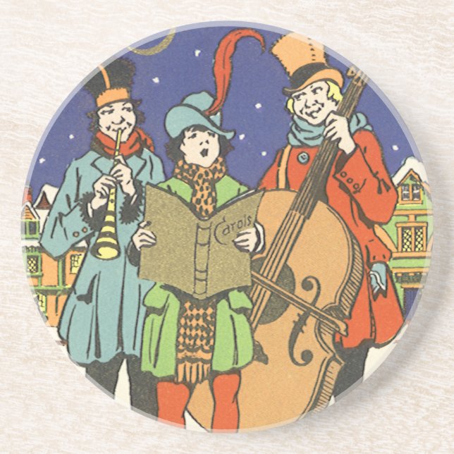 Vintage Christmas, Musicians Caroling with Music Drink Coaster (Front)
