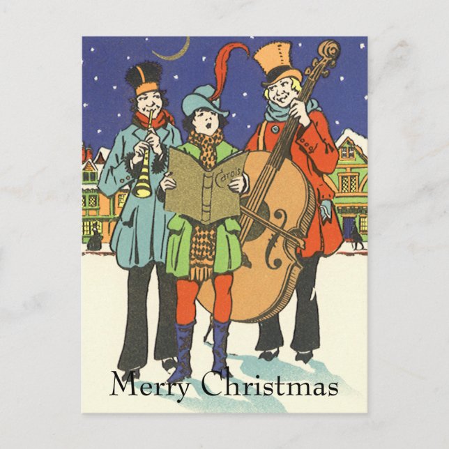 Vintage Christmas, Musicians Caroling with Music Holiday Postcard (Front)