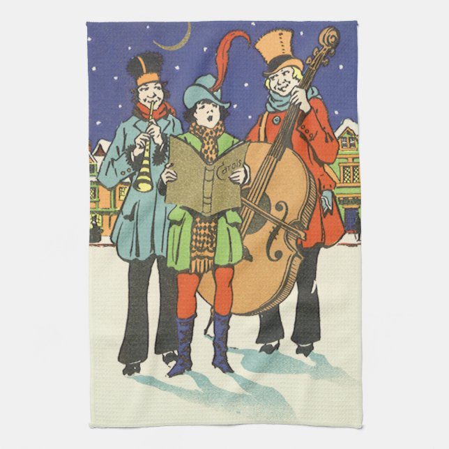 Vintage Christmas, Musicians Caroling with Music Kitchen Towel (Vertical)