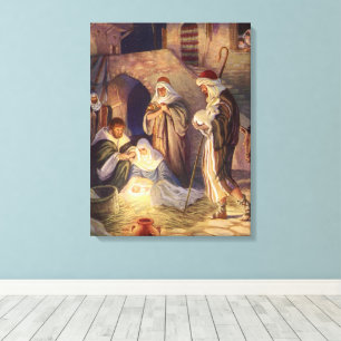 Vintage Christmas Nativity, 3 Shepherds and Jesus Canvas Print