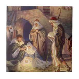 Vintage Christmas Nativity, 3 Shepherds and Jesus Ceramic Tile