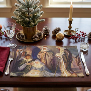 Vintage Christmas Nativity, 3 Shepherds and Jesus Cloth Placemat