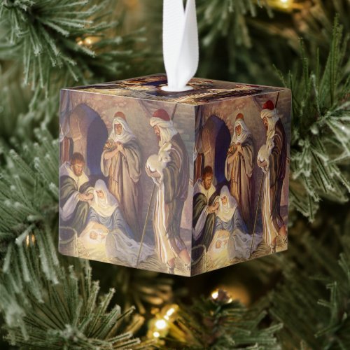 Vintage Christmas Nativity 3 Shepherds and Jesus Cube Ornament