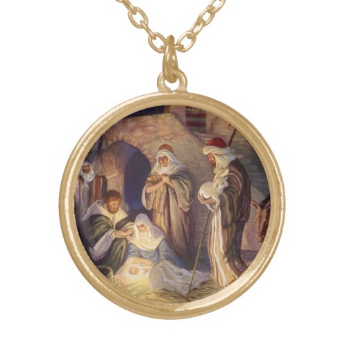 Vintage Christmas Nativity 3 Shepherds and Jesus Gold Plated Necklace