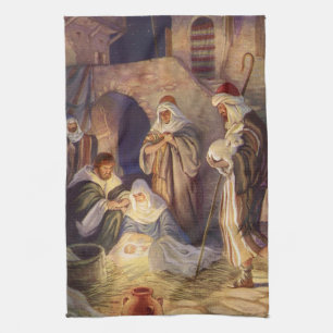 Vintage Christmas Nativity, 3 Shepherds and Jesus Kitchen Towel
