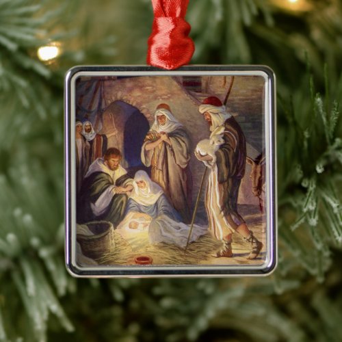 Vintage Christmas Nativity 3 Shepherds and Jesus Metal Ornament