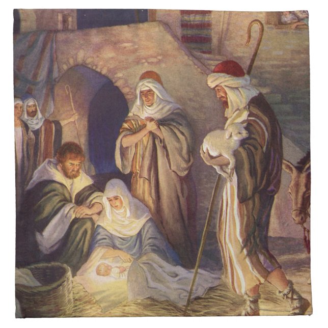 Vintage Christmas Nativity, 3 Shepherds and Jesus Napkin (Front)