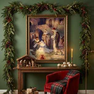 Vintage Christmas Nativity, 3 Shepherds and Jesus Poster