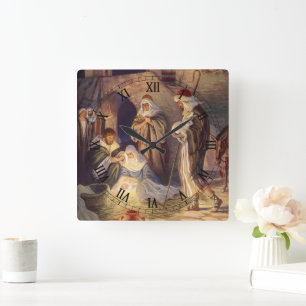 Vintage Christmas Nativity, 3 Shepherds and Jesus Square Wall Clock