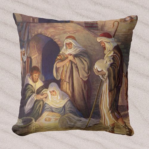 Vintage Christmas Nativity 3 Shepherds and Jesus Throw Pillow