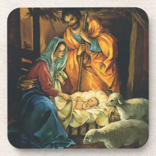 Vintage Christmas Nativity Baby Jesus in Manger Beverage Coaster